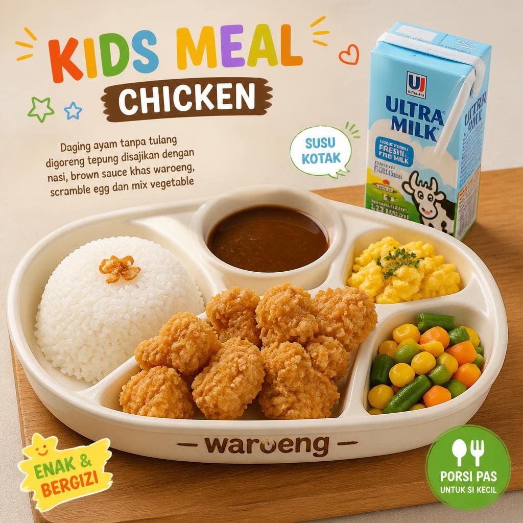 Kids Meal Chicken dengan daging ayam tanpa tulang, nasi, brown sauce, dan milk